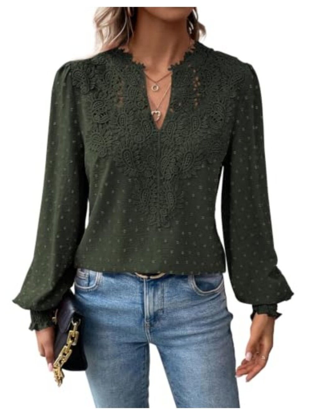 Boho Flowy Lace Floral V Neck Long Sleeve Blouse Ruffle Crochet Top